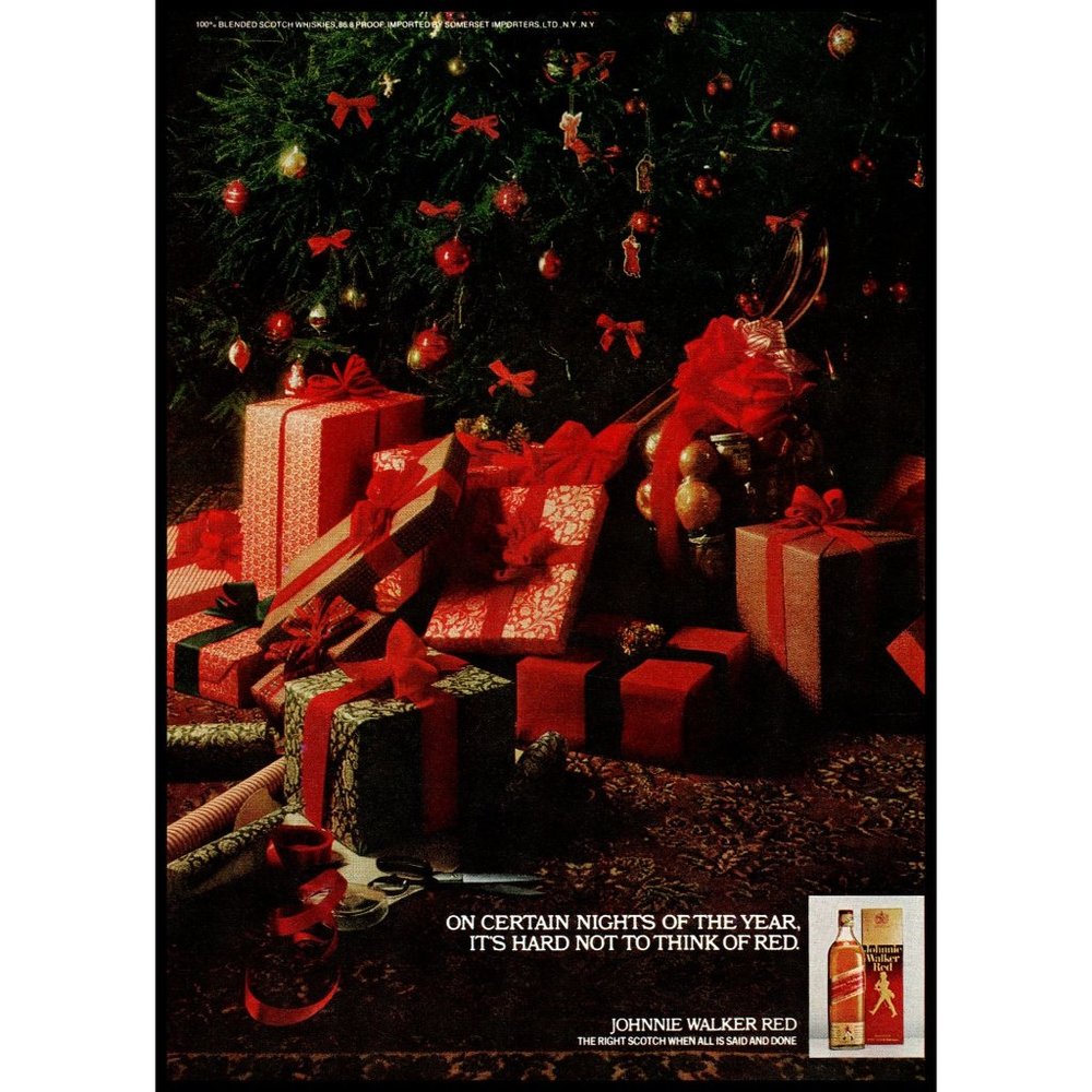 1978 Johnnie Walker Red Label Scotch Christmas Presents Tree Vintage Print Ad